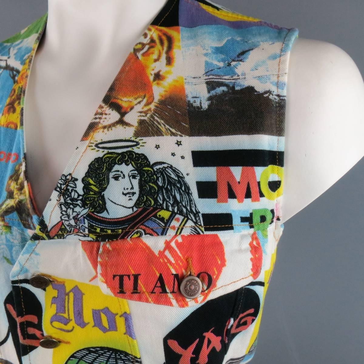 Rare vintage MOSCHINO vest comes in a cotton denim twill with all over multi-media photo and logo graphic print featuring patch flap pockets, v neck, and a back belt. Minor fading and very faint blue ink bleeding throughout white from washing.