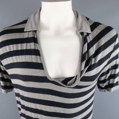 Men's MAISON MARTIN MARGIELA Size XL Grey & Navy Stripe Cotton Blend Draped Polo