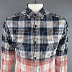 SAINT LAURENT Size L Navy & Red Bleached Plaid Destroyed Degrade Flannel Shirt