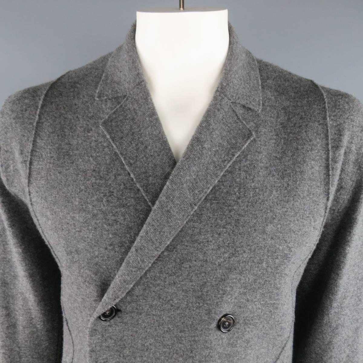 JIL SANDER cardigan comes in a heather gray wool blend knit and features a double breasted sport coat construction with a notch lapel, Tags removed. As-Is.
 
Good Pre-Owned Condition.
 
Measurements:
 
Shoulder: 21 in.
Chest: 48 in.
Sleeve: 28.5