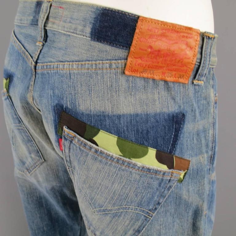 Men's JUNYA WATANABE Levi's 35 Washed Blue Selvedge Denim and Camouflage Jeans at 1stdibs