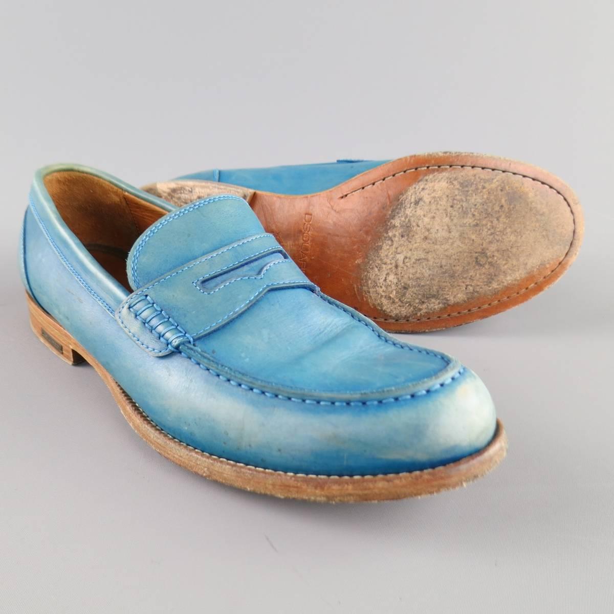 Men's DSQUARED2 Size 9.5 Teal Blue Distressed Leather Penny Loafers 1