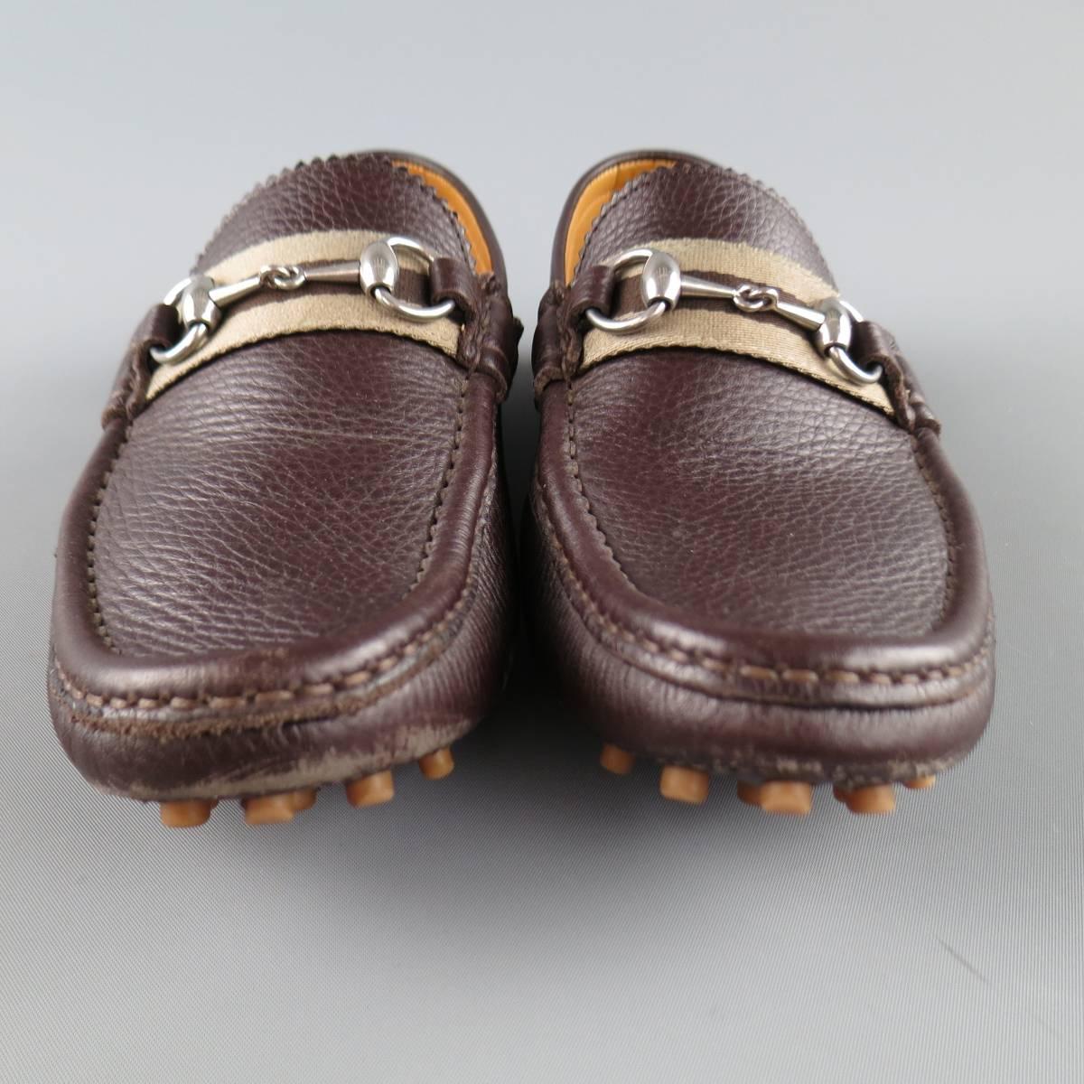 Men's GUCCI Size 8.5 Brown Pebbled Leather Striped Horsbit Strap Driver Loafers In Excellent Condition In San Francisco, CA