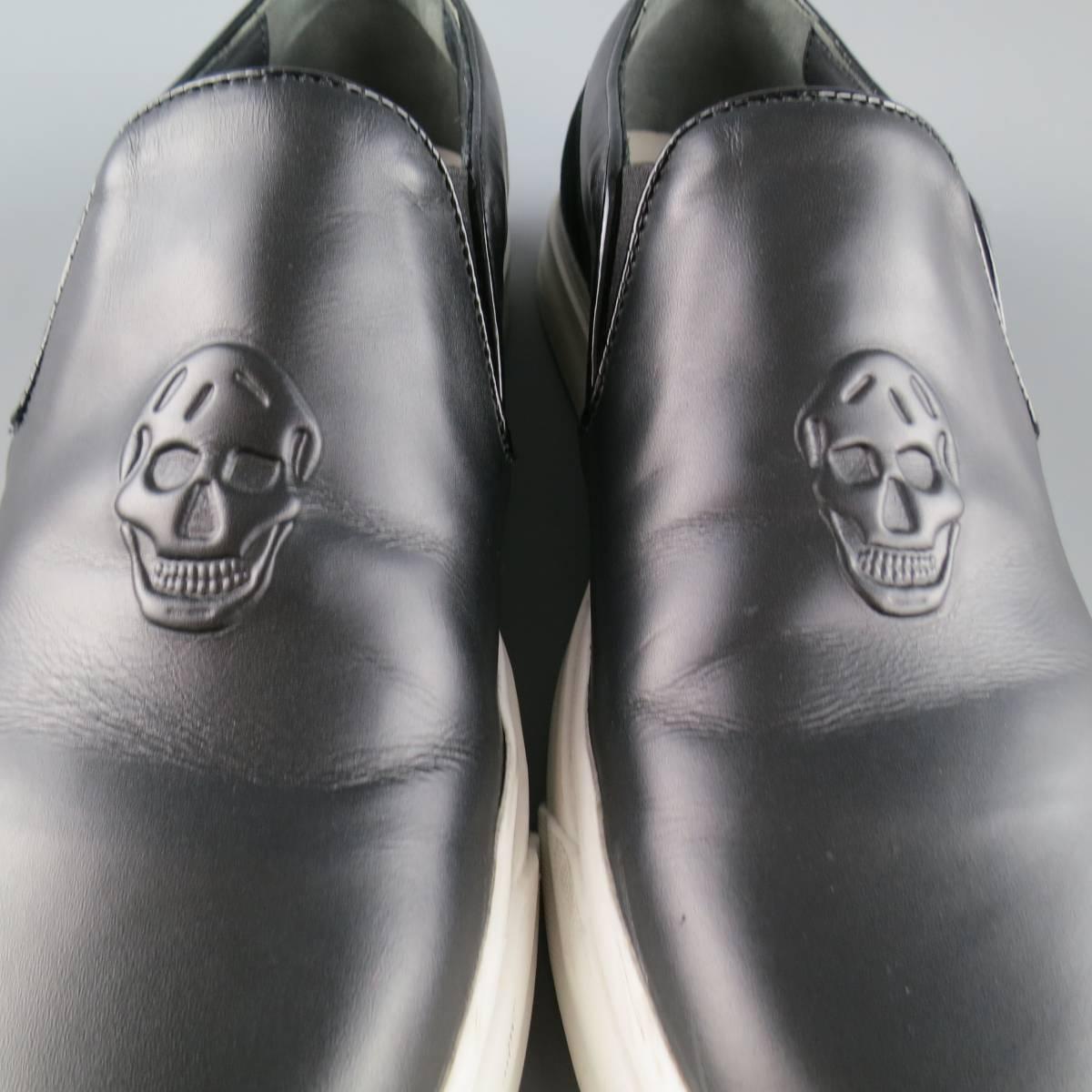 Men's ALEXANDER MCQUEEN Size 9 Black Skull Embossed Leather Slip On Sneakers 1