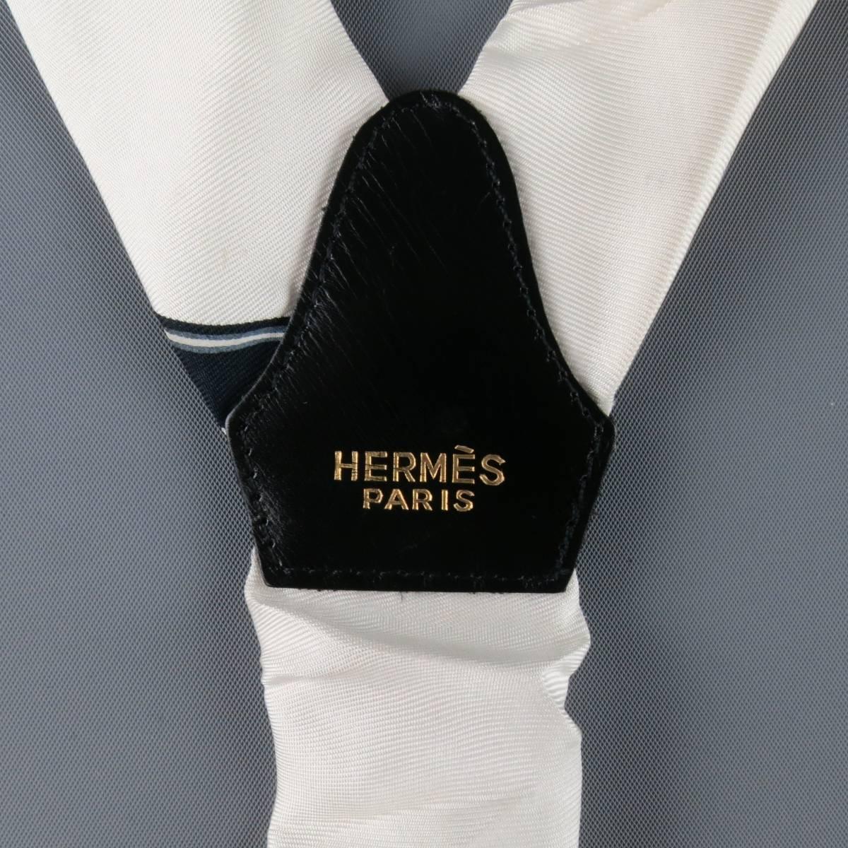 Beige Vintage HERMES White Black & Gold Silk Ornate Print Braces Suspenders
