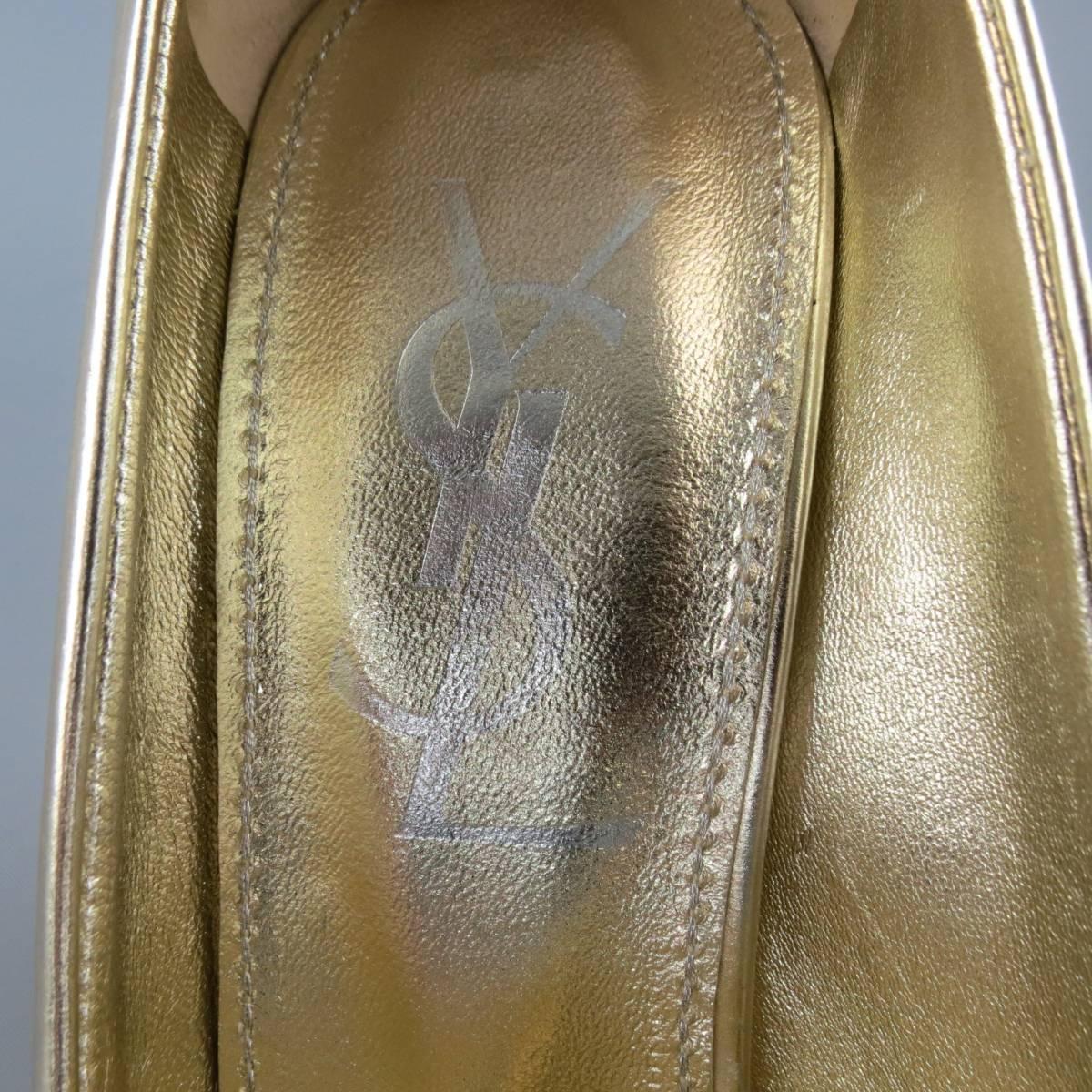 YVES SAINT LAURENT Size 7.5 Metallic Gold Leather Cutout Thick Heel Pumps 1