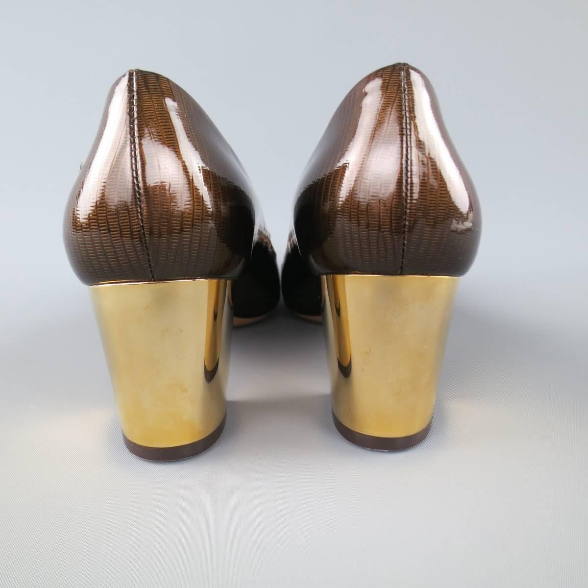 Women's SALVATORE FERRAGAMO Size 9 Brown Lizard Patent Leather Gold Heel Bow Pumps