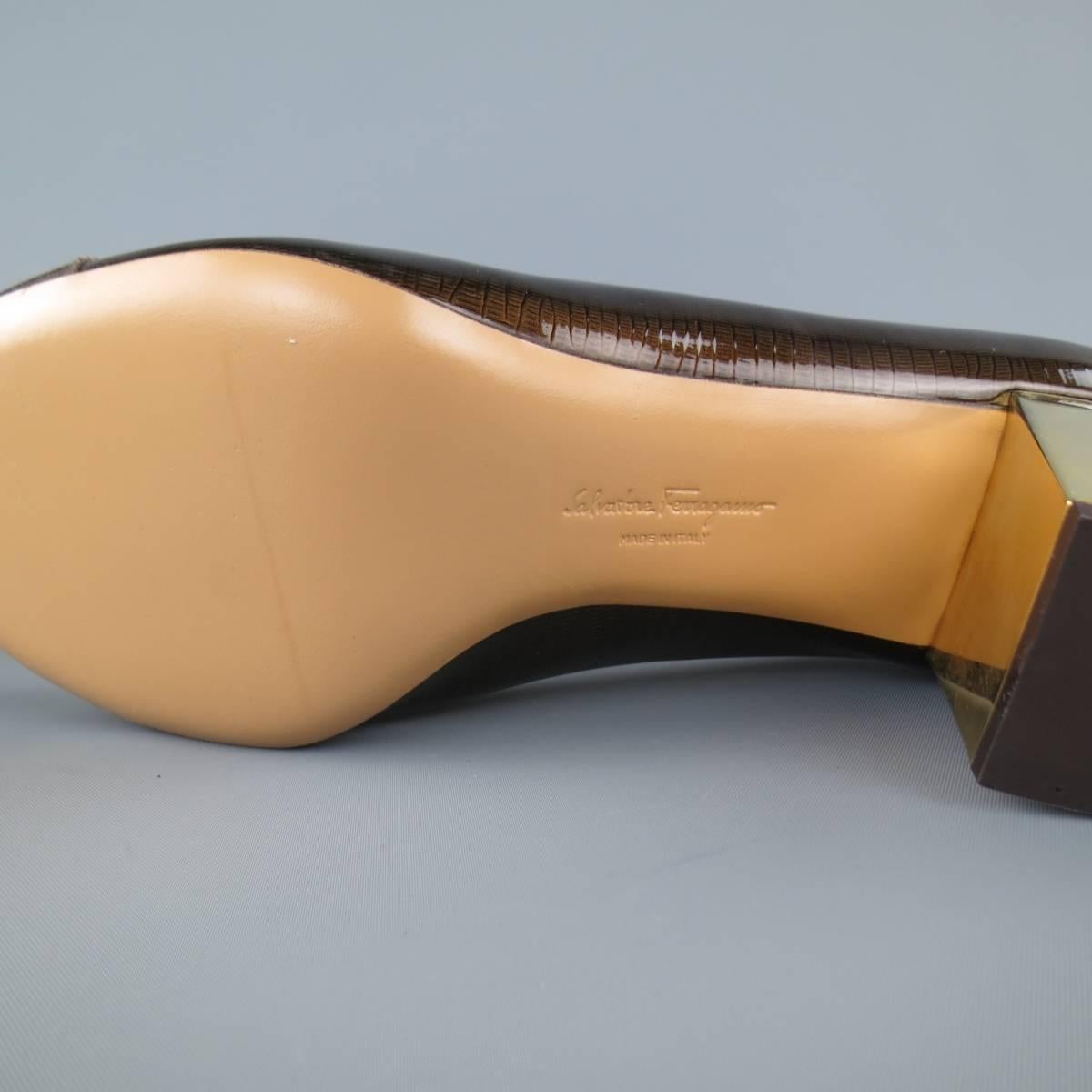 SALVATORE FERRAGAMO Size 9 Brown Lizard Patent Leather Gold Heel Bow Pumps 2