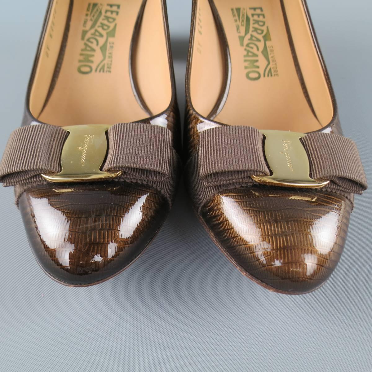 SALVATORE FERRAGAMO Size 9 Brown Lizard Patent Leather Gold Heel Bow Pumps In New Condition In San Francisco, CA