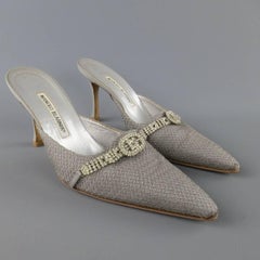 MANOLO BLAHNIK Size 9 Silver Silk Rhinestone Belt Buckle Mules