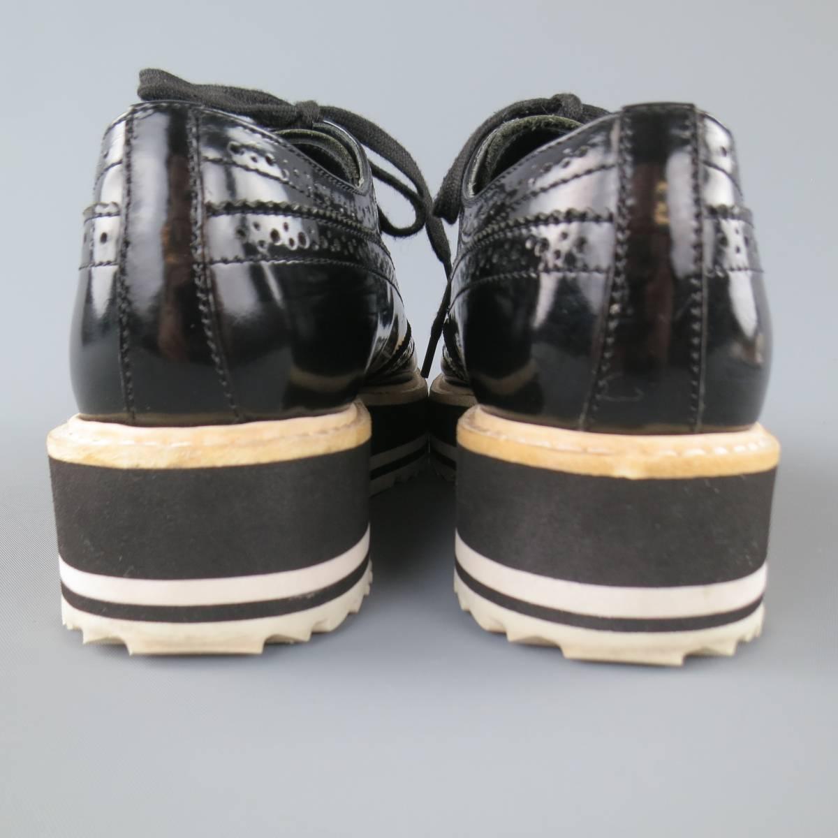 PRADA Size 6 Black Patent Leather Wingtip Platform Brougues 2