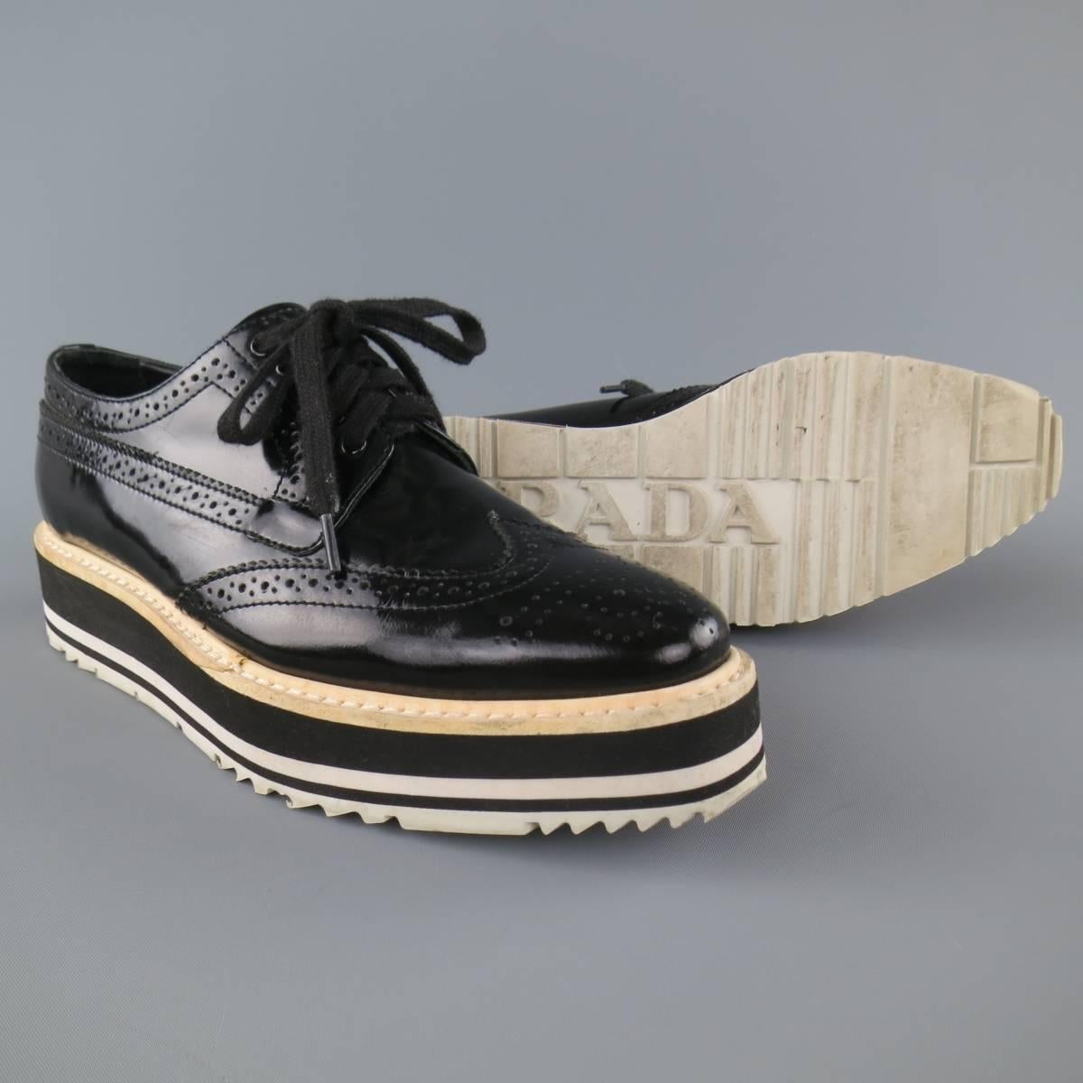 Women's PRADA Size 6 Black Patent Leather Wingtip Platform Brougues