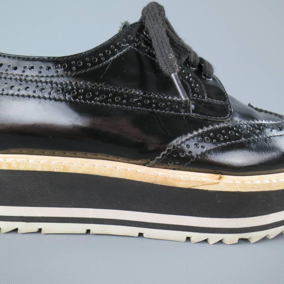 PRADA Size 6 Black Patent Leather Wingtip Platform Brougues 1