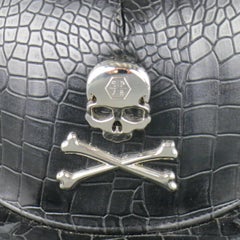 PHILIPP PLEIN Gorra de cocodrilo negra con estrella bordada y calavera de plata con huesos cruzados