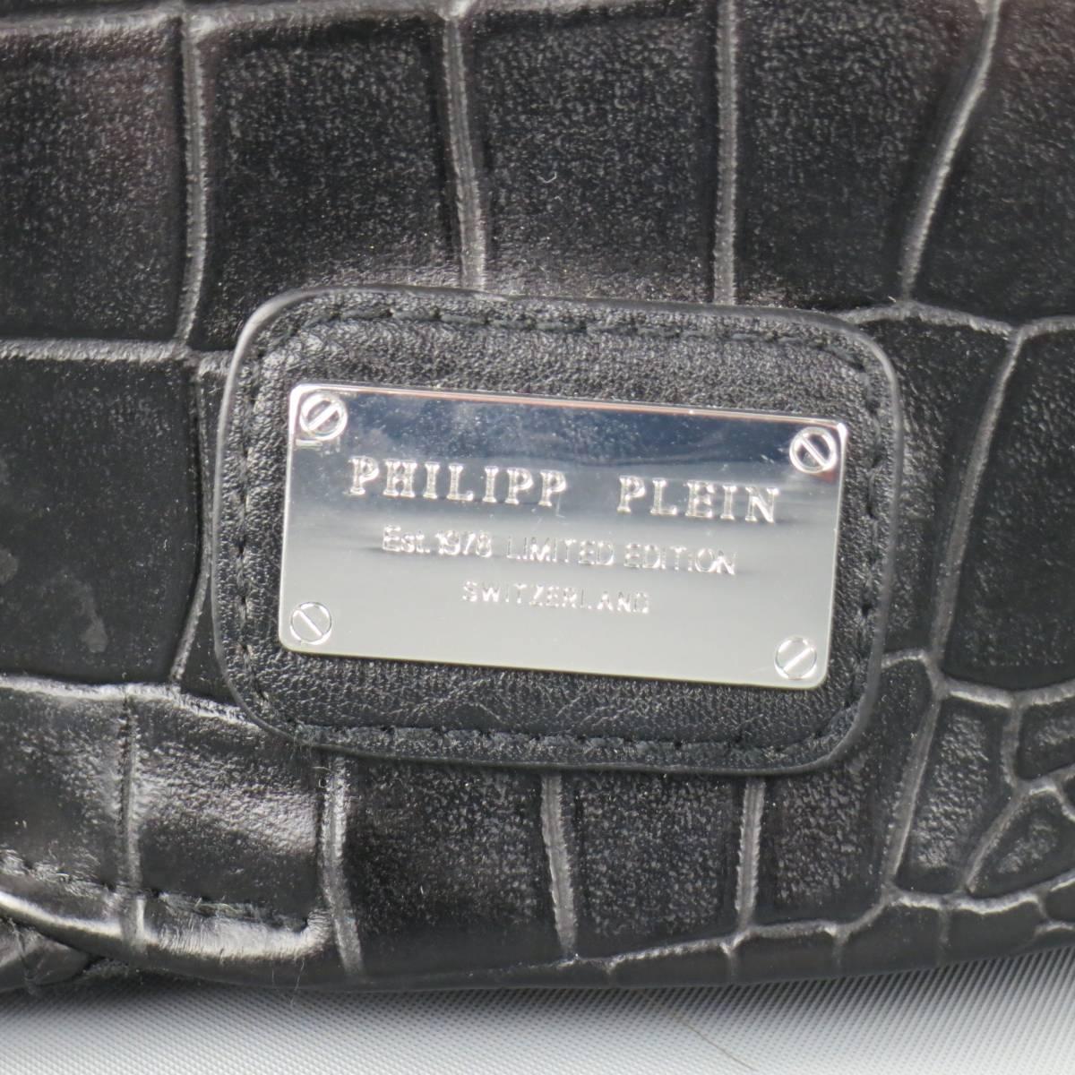 PHILIPP PLEIN Black Crocodile Star Embroidered Silver Skull Crossbones Cap In Excellent Condition In San Francisco, CA