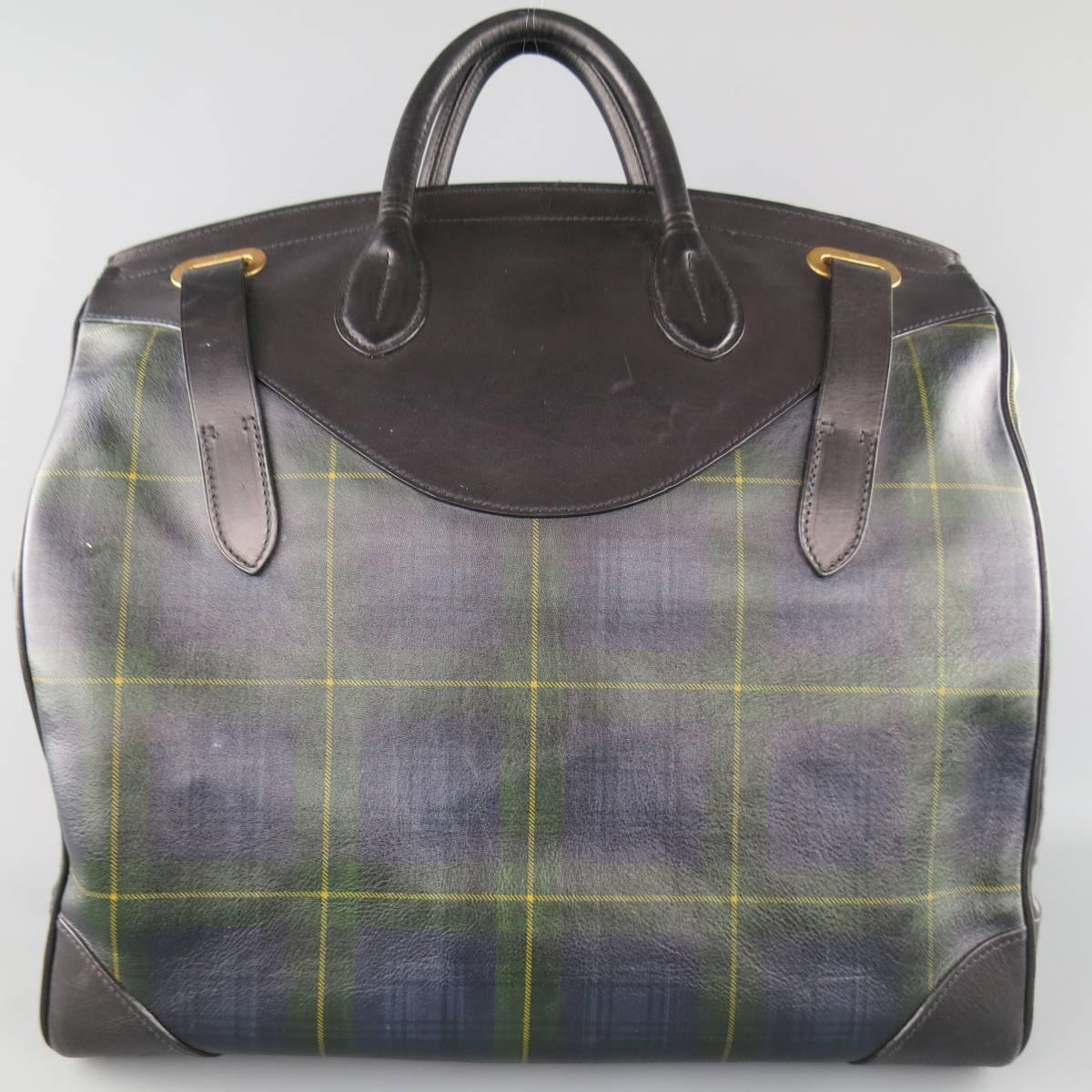 Gray RALPH LAUREN Black Navy & Green Tartan Plaid Leather Cooper Bag