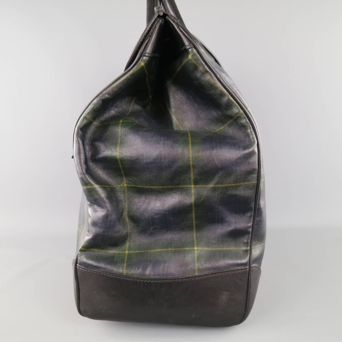 RALPH LAUREN Black Navy & Green Tartan Plaid Leather Cooper Bag In Good Condition In San Francisco, CA