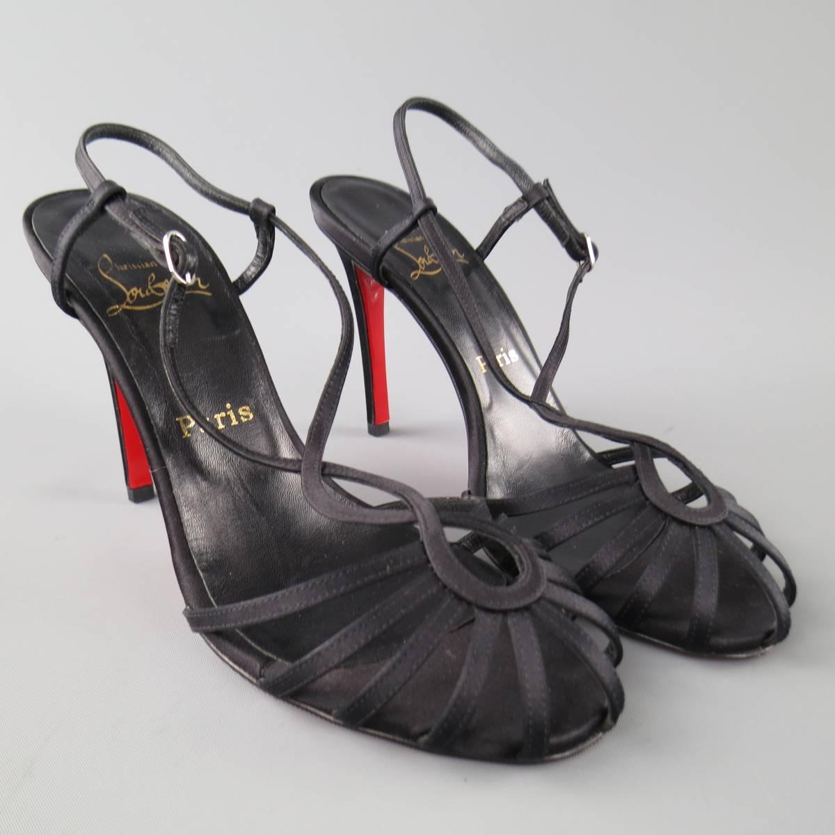 CHRISTIAN LOUBOUTIN Size 8.5 Black Silk 'Cleo Sceptre' Strappy Sandals In New Condition In San Francisco, CA