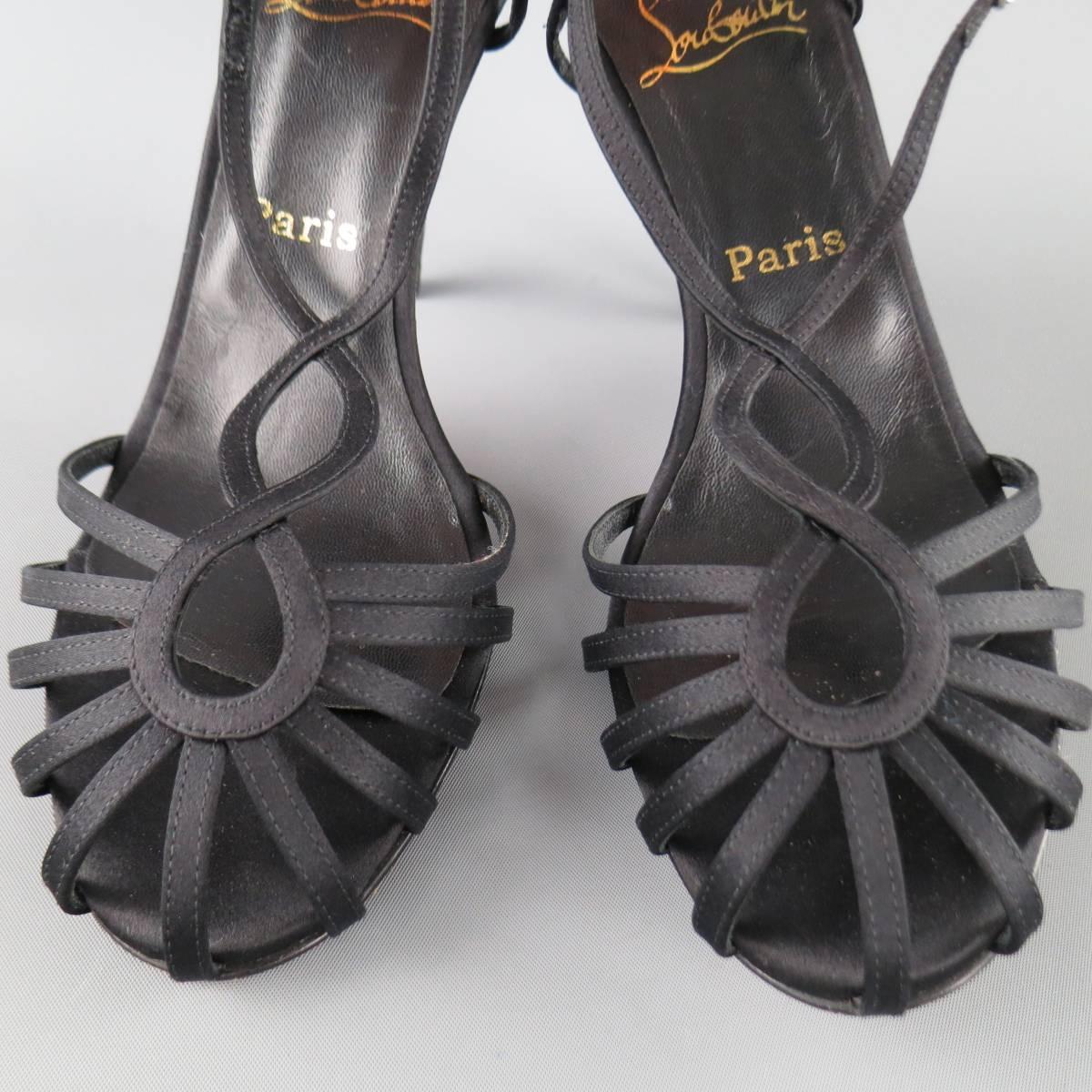 Women's CHRISTIAN LOUBOUTIN Size 8.5 Black Silk 'Cleo Sceptre' Strappy Sandals