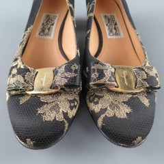 SALVATORE FERRAGAMO Size 9 Black & Gold Silk Lace Metallic Heel Bow Pumps