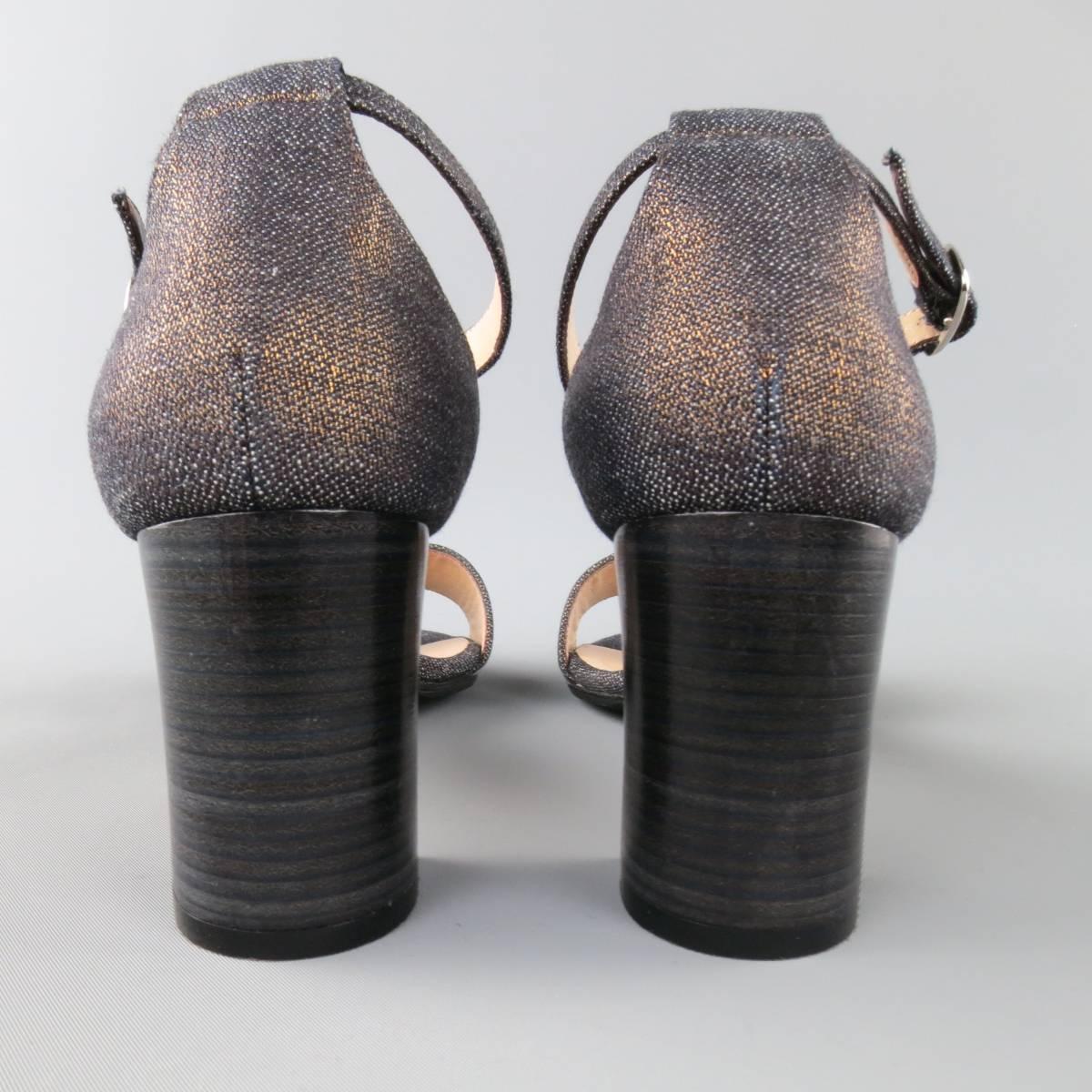 MANOLO BLAHNIK Size 6.5 Matcallic Coated Navy Denim Ankle Strap Sandals In Excellent Condition In San Francisco, CA