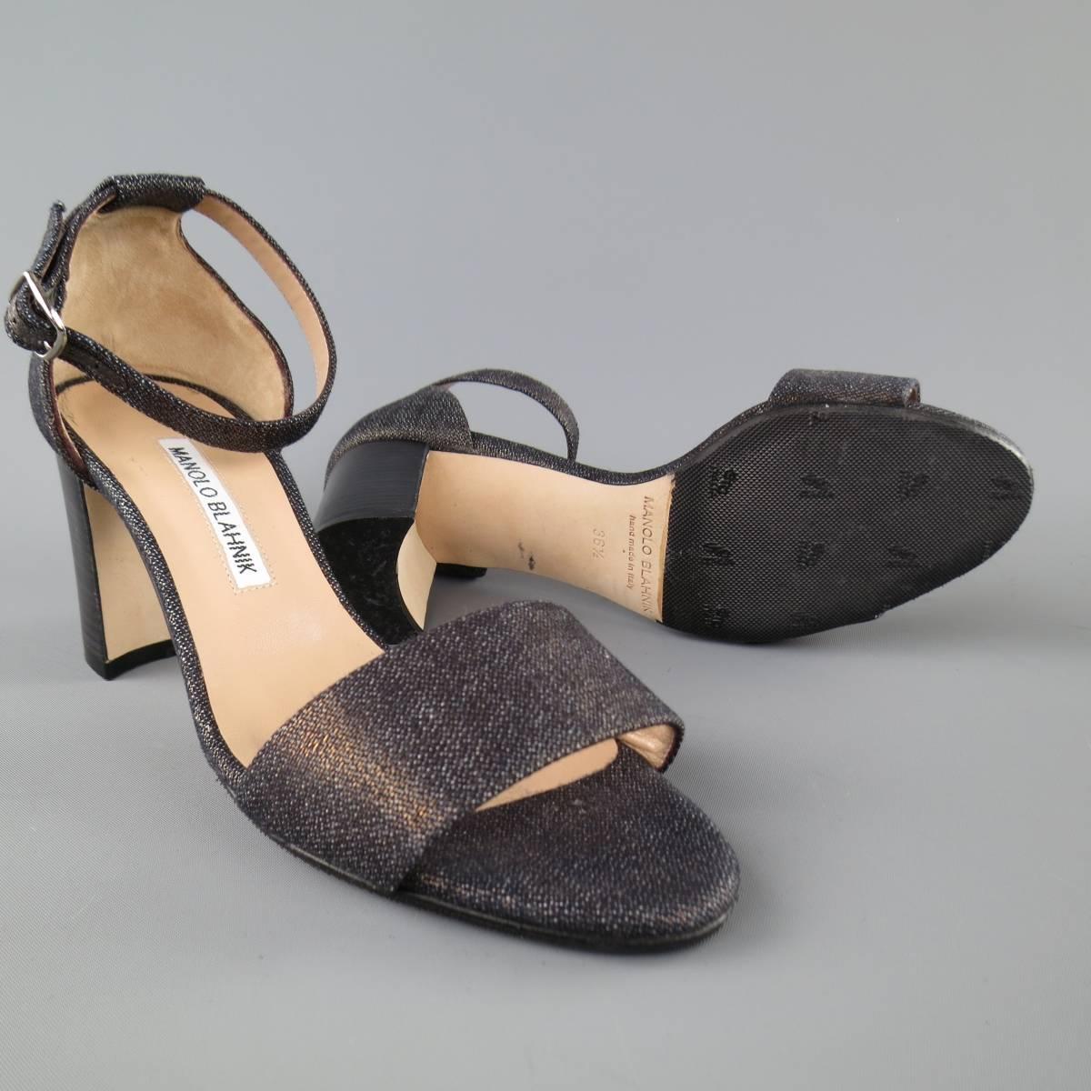 Brown MANOLO BLAHNIK Size 6.5 Matcallic Coated Navy Denim Ankle Strap Sandals
