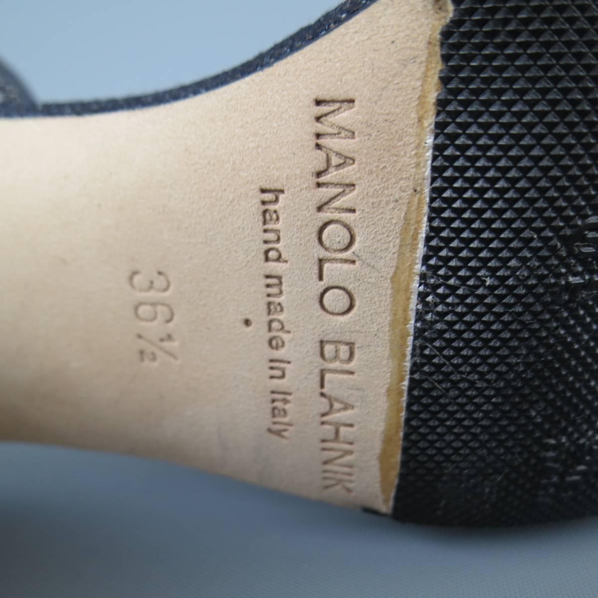 MANOLO BLAHNIK Size 6.5 Matcallic Coated Navy Denim Ankle Strap Sandals 1