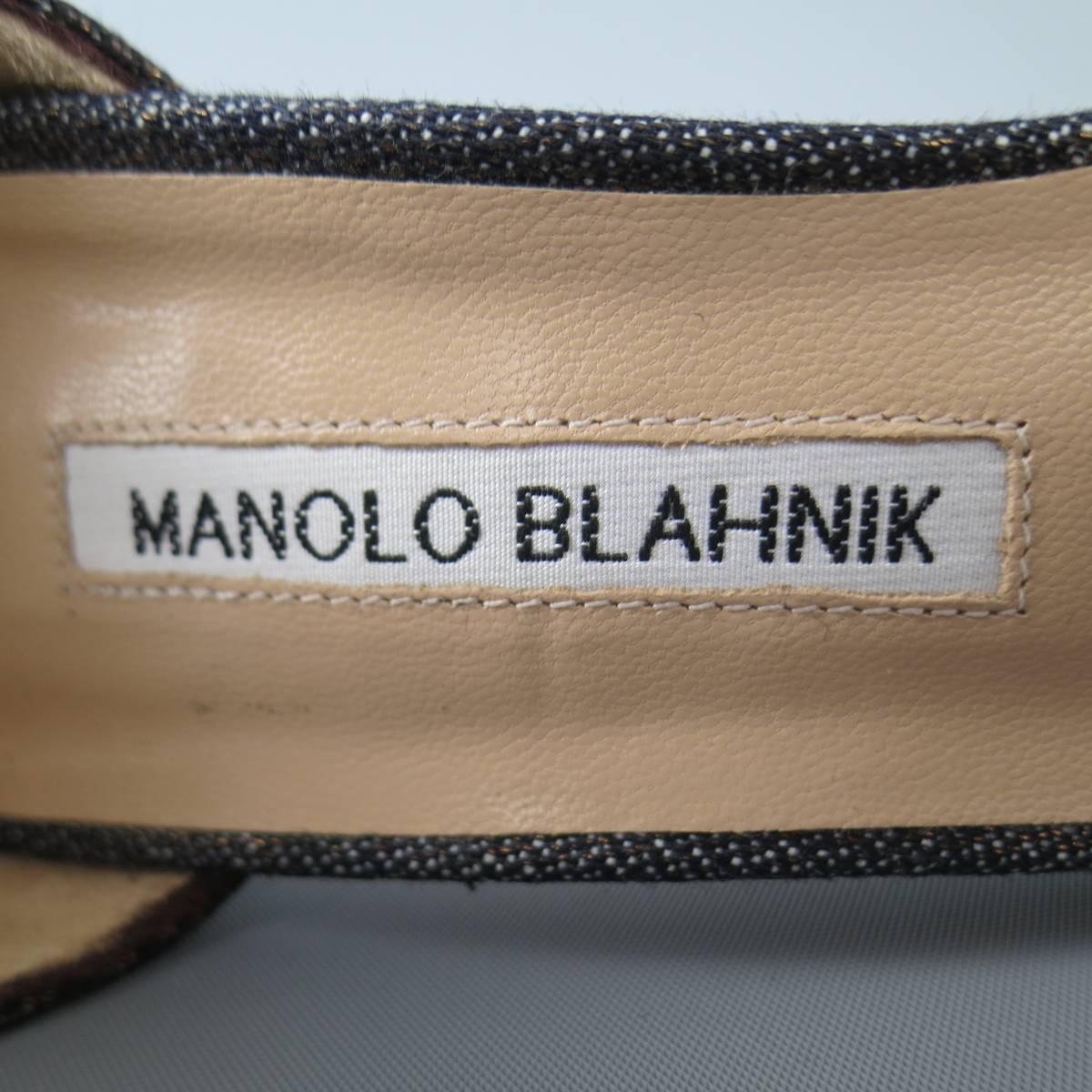 Women's MANOLO BLAHNIK Size 6.5 Matcallic Coated Navy Denim Ankle Strap Sandals