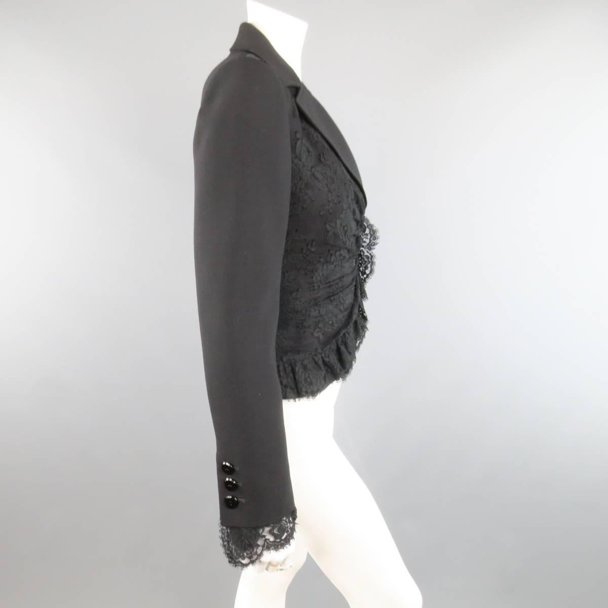 VALENTINO Size 8 Black Wool & Draped Ruffle Lace Wrap Jacket 1