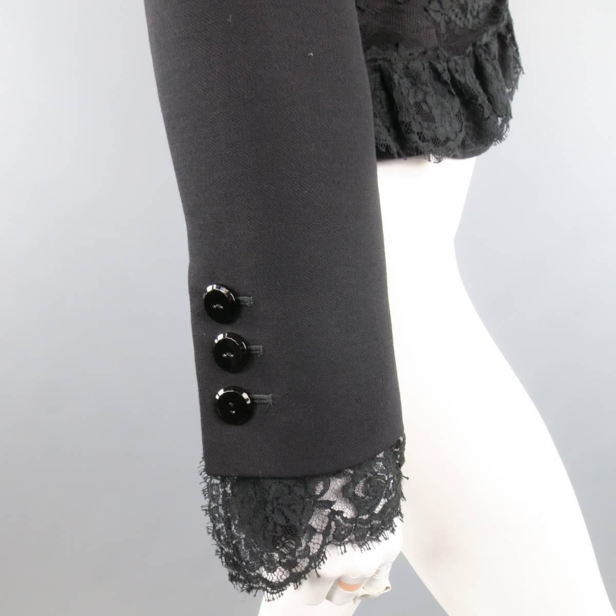 VALENTINO Size 8 Black Wool & Draped Ruffle Lace Wrap Jacket 2