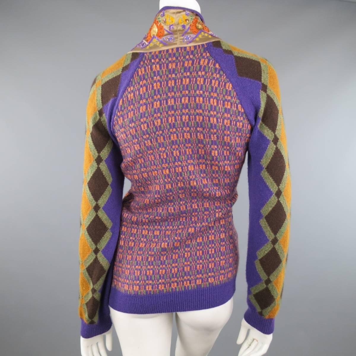 ETRO Size 10 Purple Orange & Green Wool Blend Sequin Trim Cardigan 1