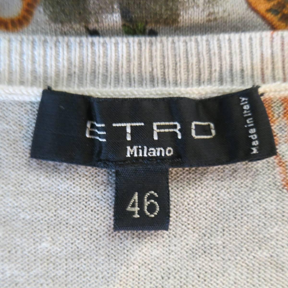 ETRO Size 10 Beige Olive & Orange Paisley Silk / Cashmere V Neck Pullover 1
