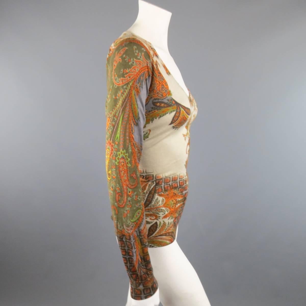 Brown ETRO Size 10 Beige Olive & Orange Paisley Silk / Cashmere V Neck Pullover