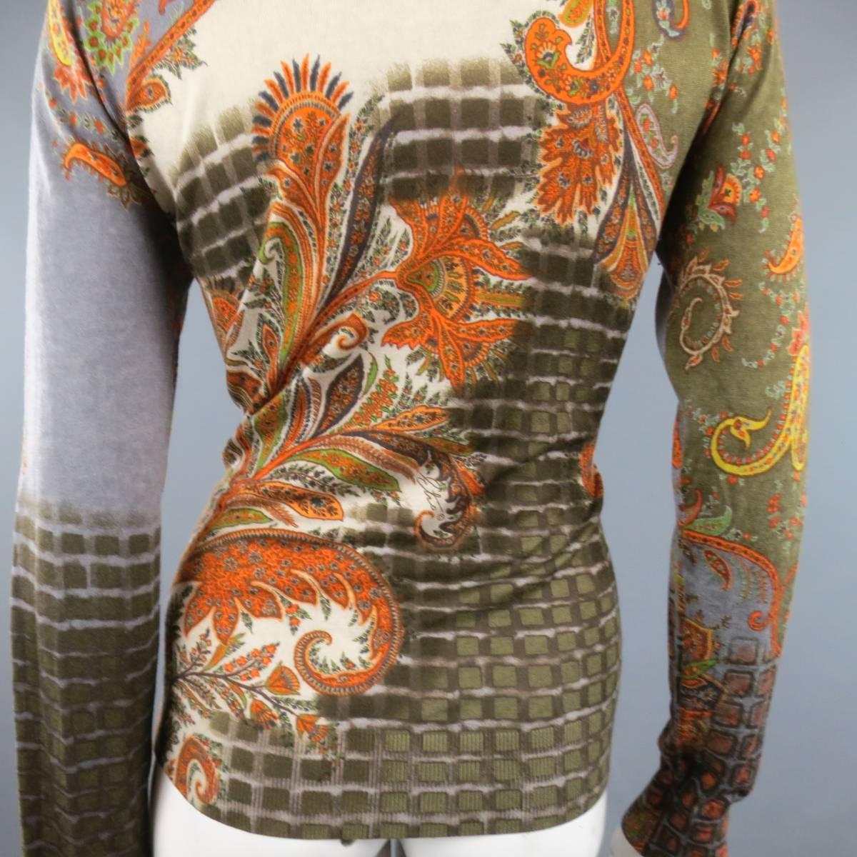 ETRO Size 10 Beige Olive & Orange Paisley Silk / Cashmere V Neck Pullover In Good Condition In San Francisco, CA