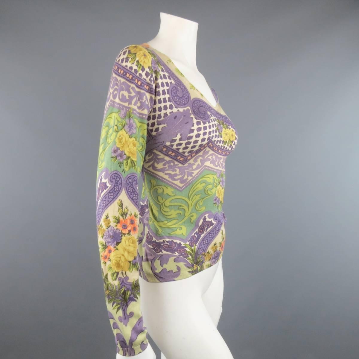 Women's ETRO Size 6 Purple & Green Brocade Floral V Neck Pullover