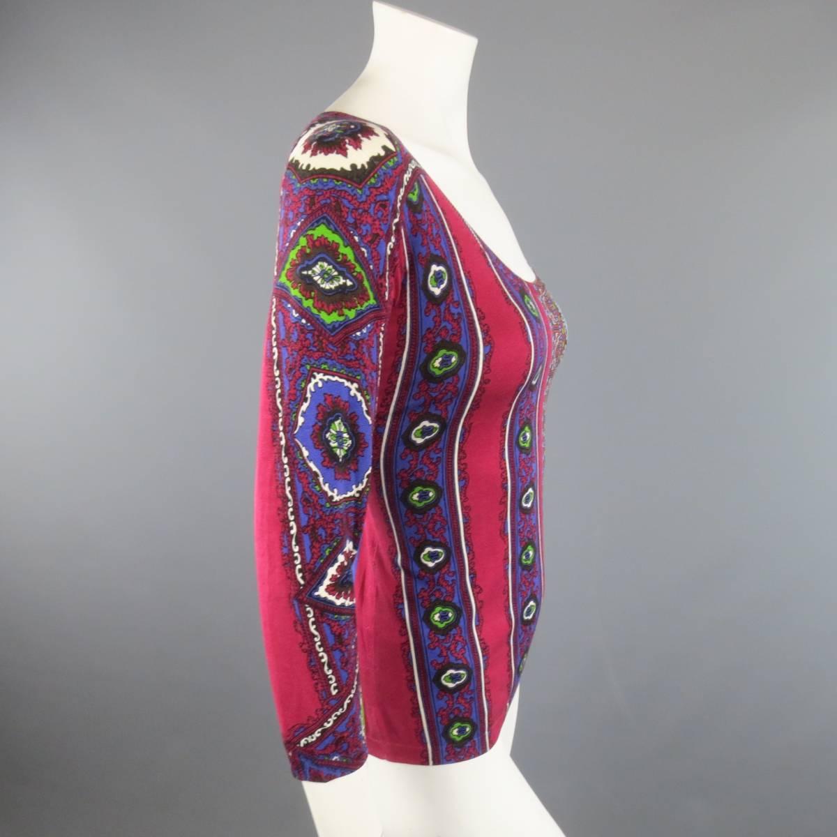 ETRO Size 8 Burgundy & Purple Striped Paisley Scoop Neck Pullover Sweater In Good Condition In San Francisco, CA