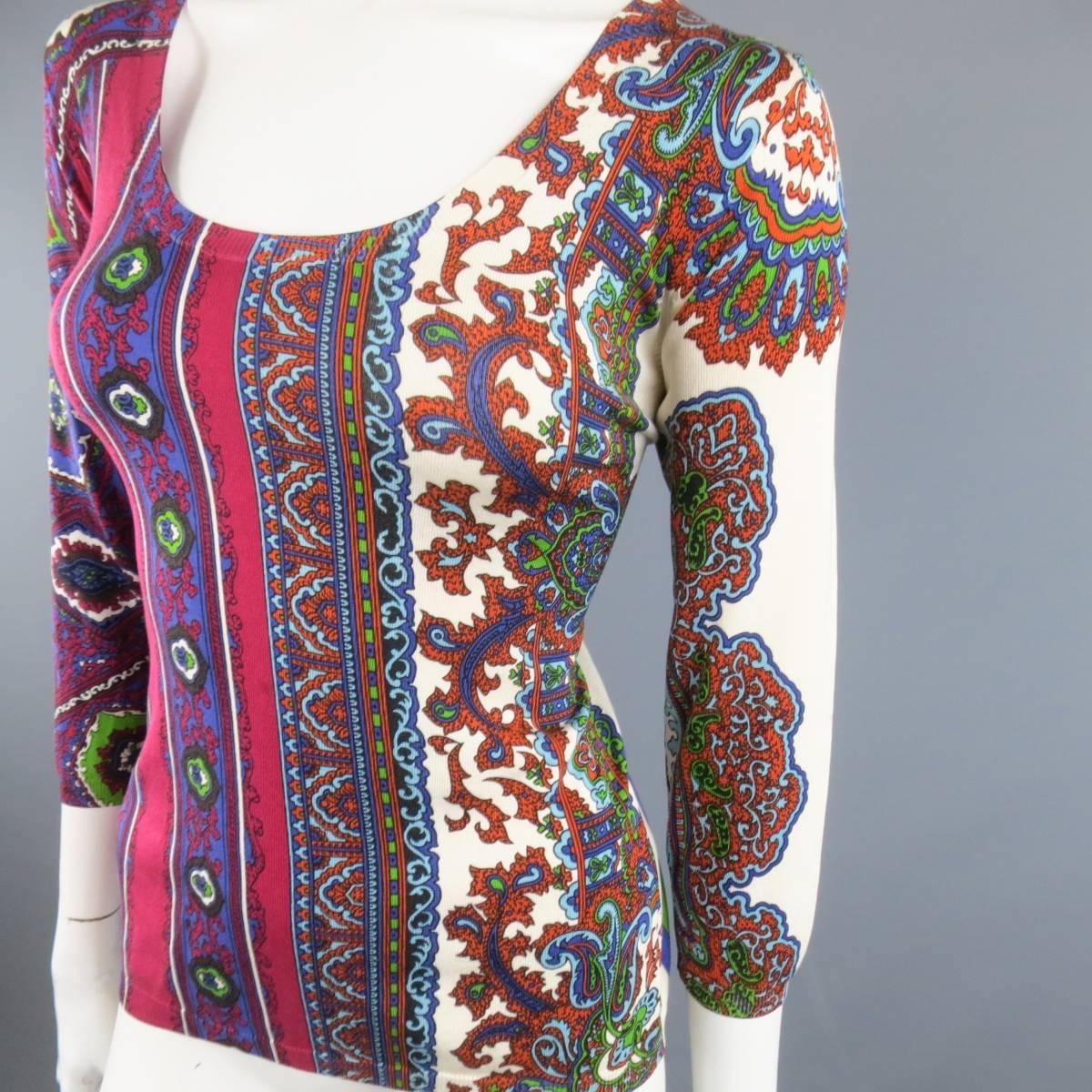Red ETRO Size 8 Burgundy & Purple Striped Paisley Scoop Neck Pullover Sweater