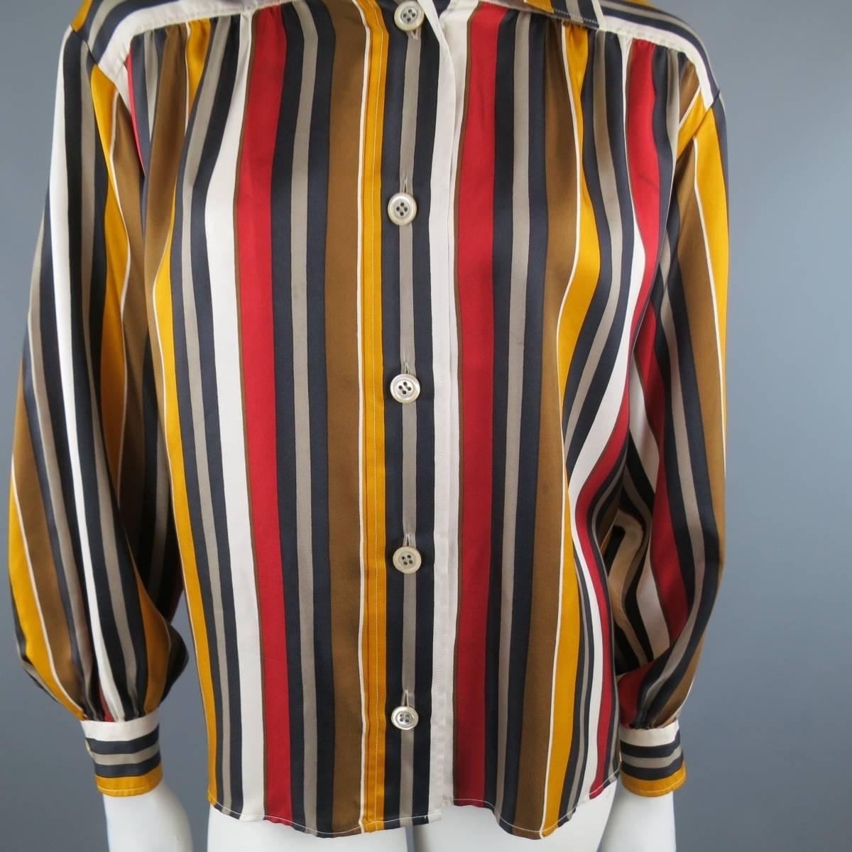 Brown Vintage SAINT LAURENT Rive Gauche Size 8 Gold & Red Striped Silk Blouse