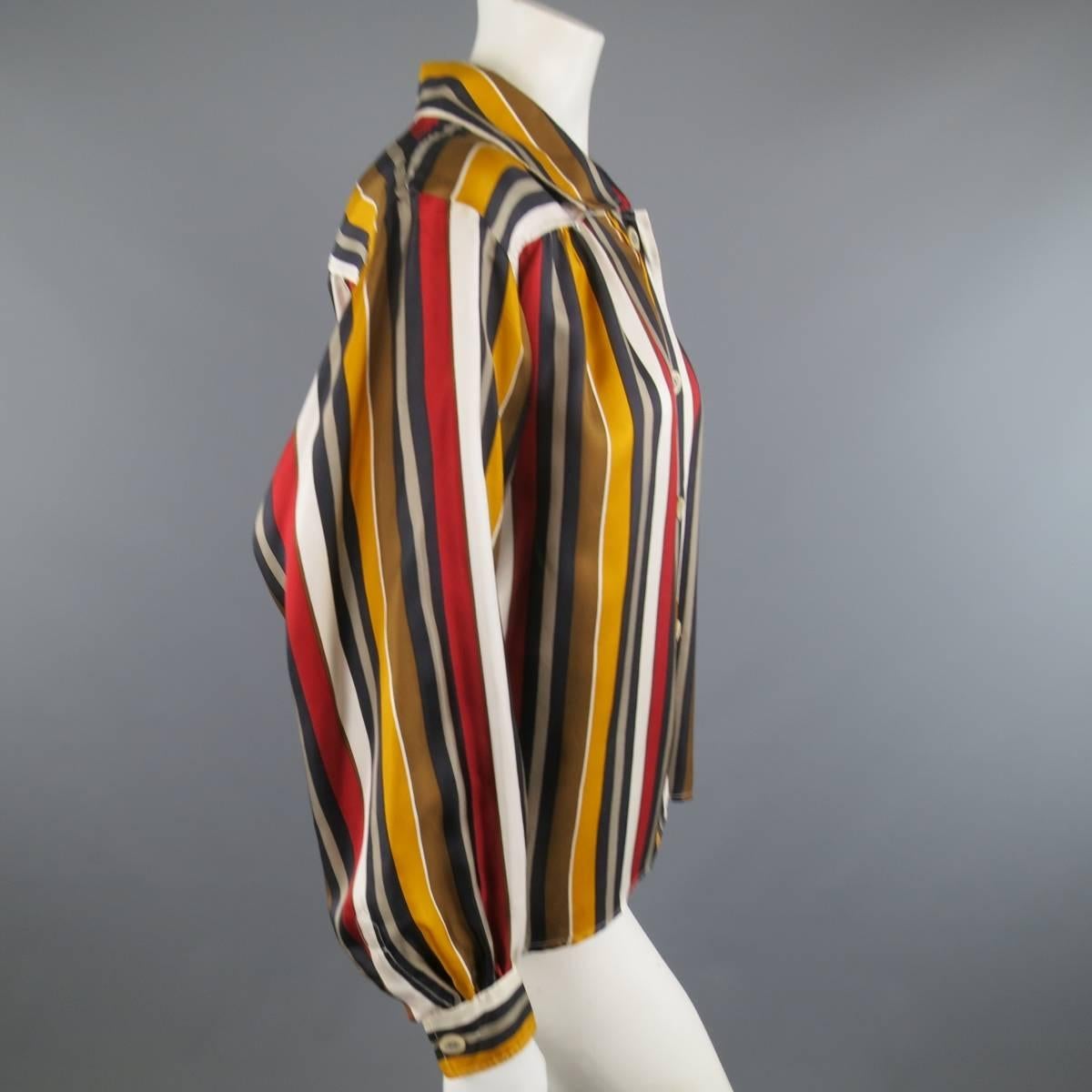 Vintage SAINT LAURENT Rive Gauche Size 8 Gold & Red Striped Silk Blouse 2