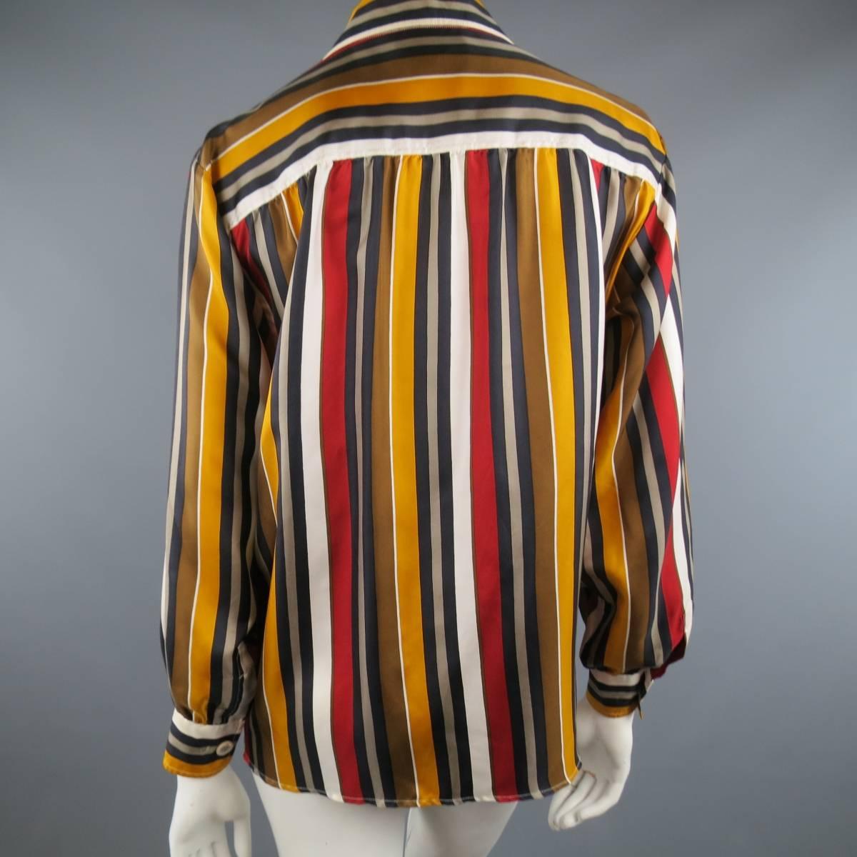 Vintage SAINT LAURENT Rive Gauche Size 8 Gold & Red Striped Silk Blouse 3
