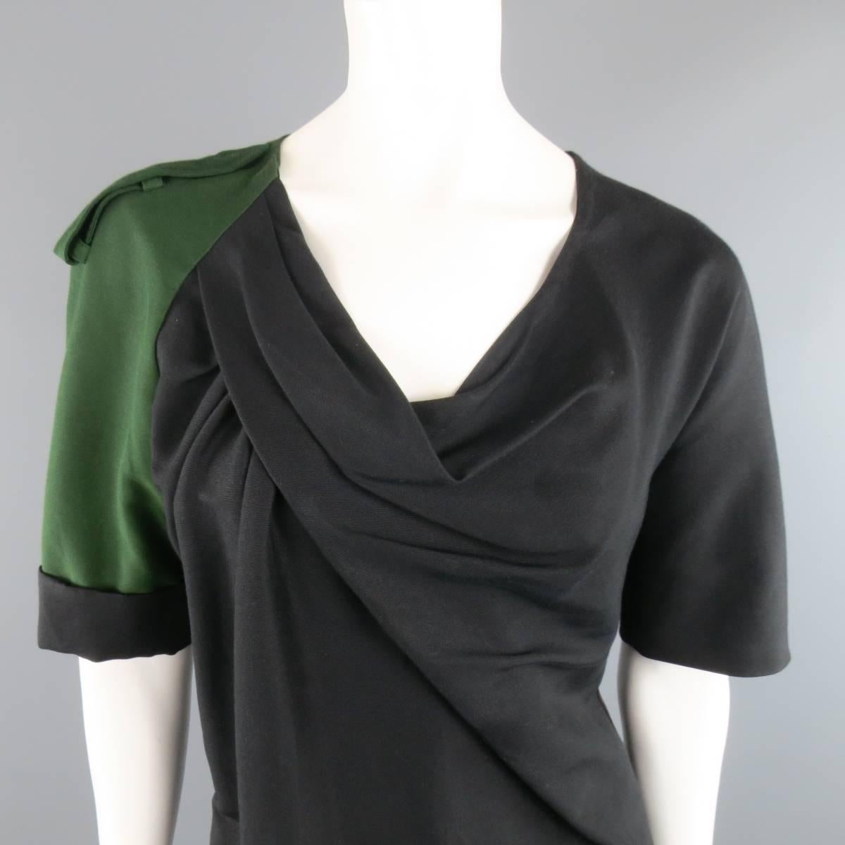 DRIES VAN NOTEN Size 2 Asymmetrical Black Draped Green Military Sleeve Dress In Good Condition In San Francisco, CA
