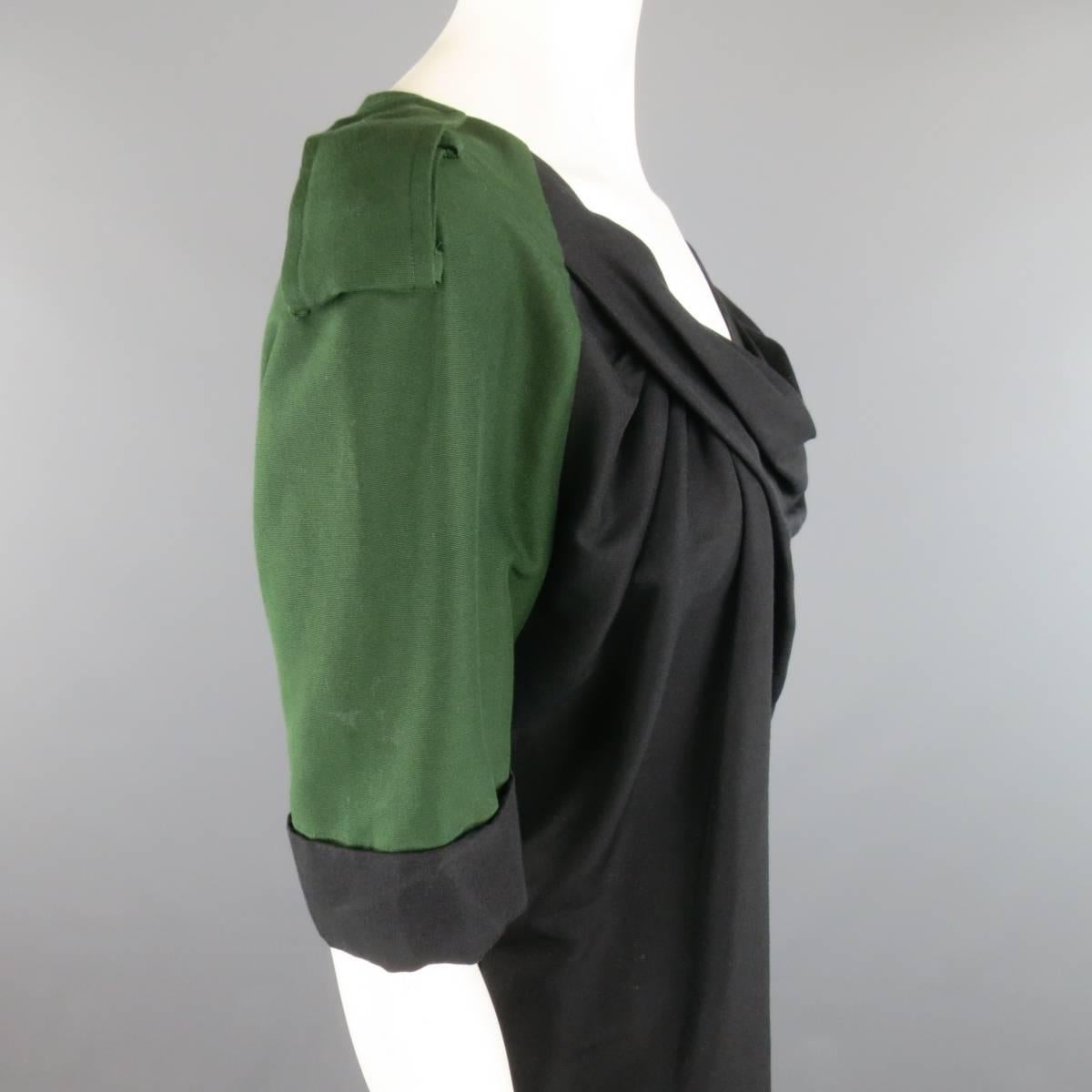 DRIES VAN NOTEN Size 2 Asymmetrical Black Draped Green Military Sleeve Dress 1