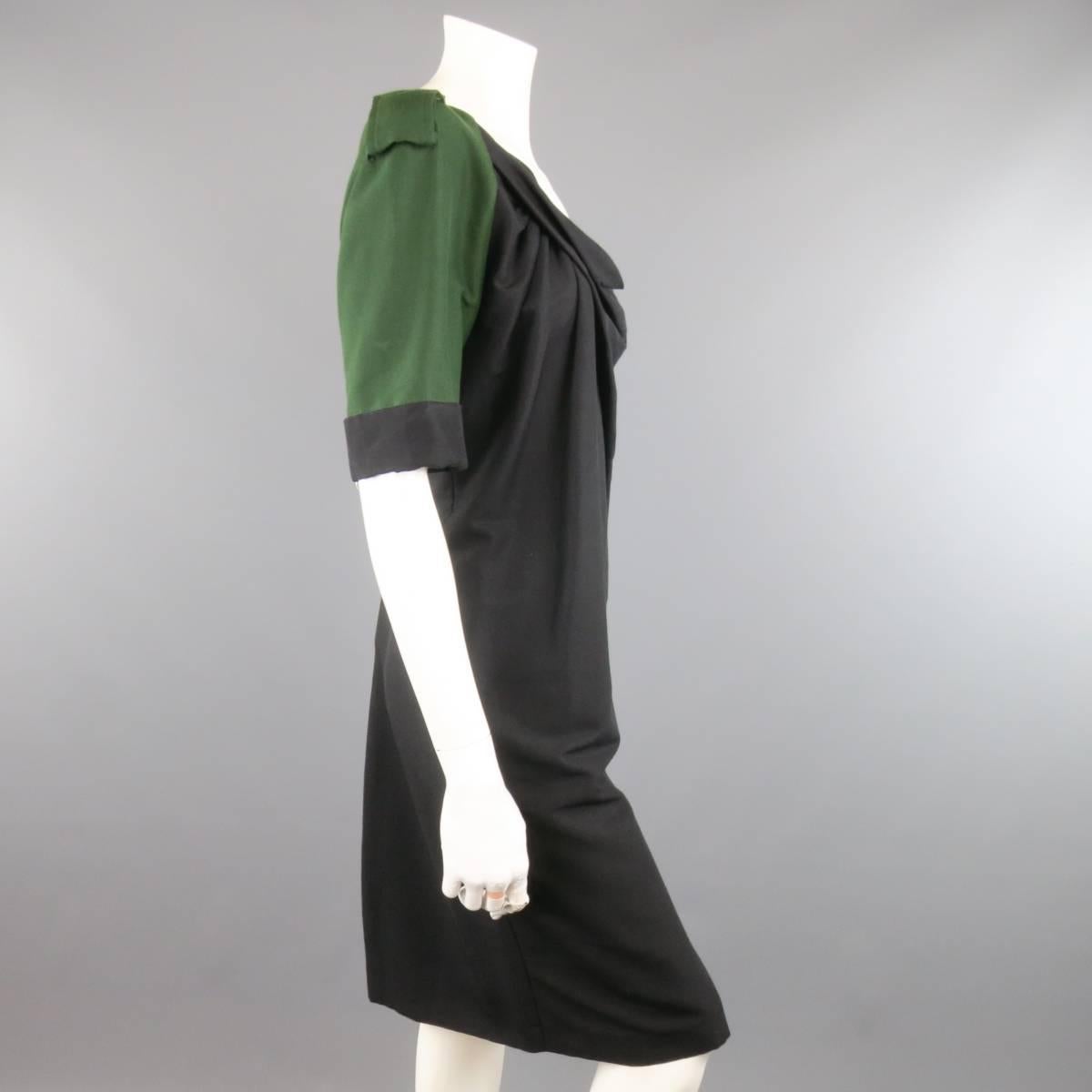 DRIES VAN NOTEN Size 2 Asymmetrical Black Draped Green Military Sleeve Dress 2