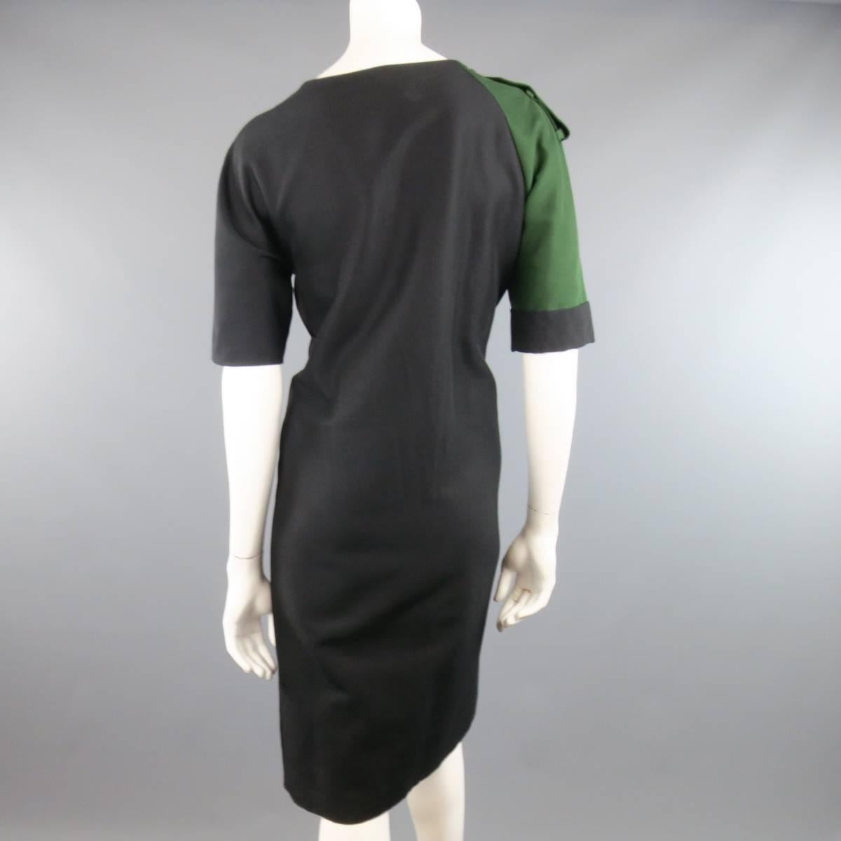 DRIES VAN NOTEN Size 2 Asymmetrical Black Draped Green Military Sleeve Dress 3