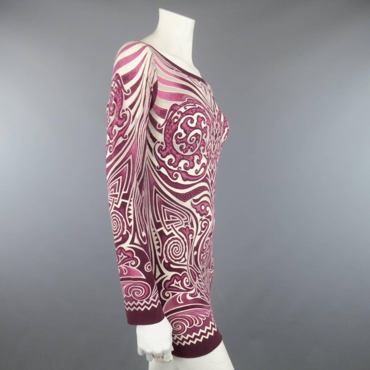 JEAN PAUL GAULTIER Size L Burgundy Sheer Opaque Tatto Print Mini Dress In Good Condition In San Francisco, CA