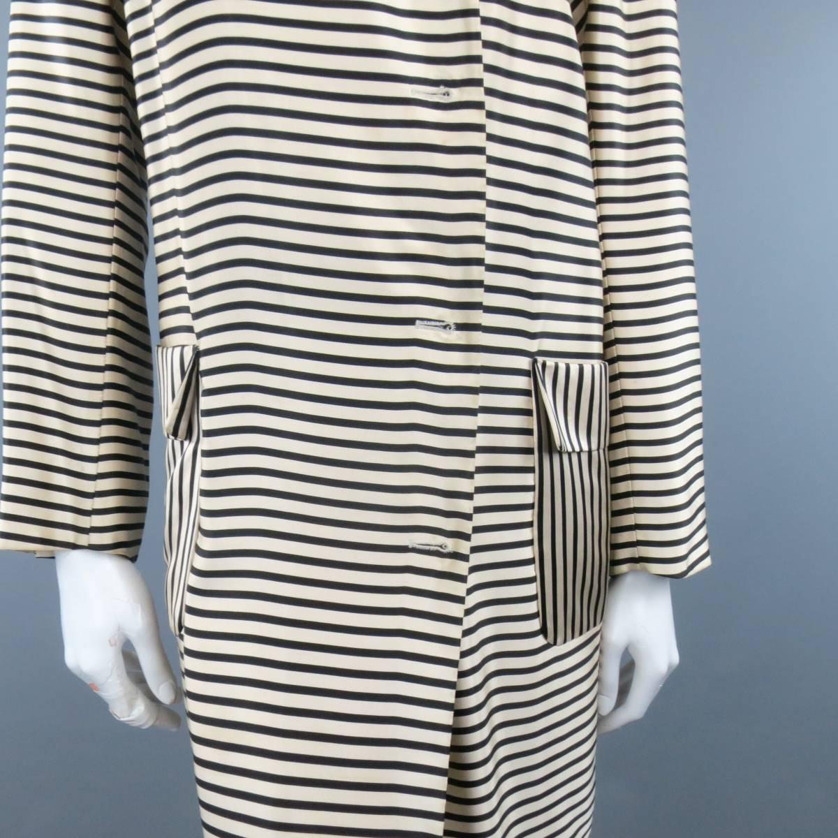 DRIES VAN NOTEN Size L Cream & Black Striped Satin Placket Coat In Fair Condition In San Francisco, CA