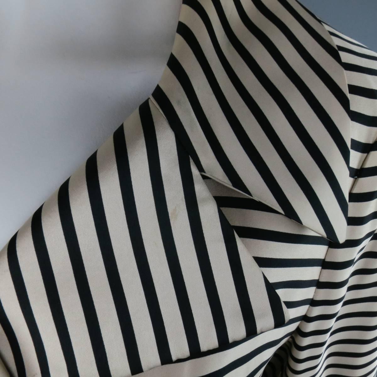 White DRIES VAN NOTEN Size L Cream & Black Striped Satin Placket Coat