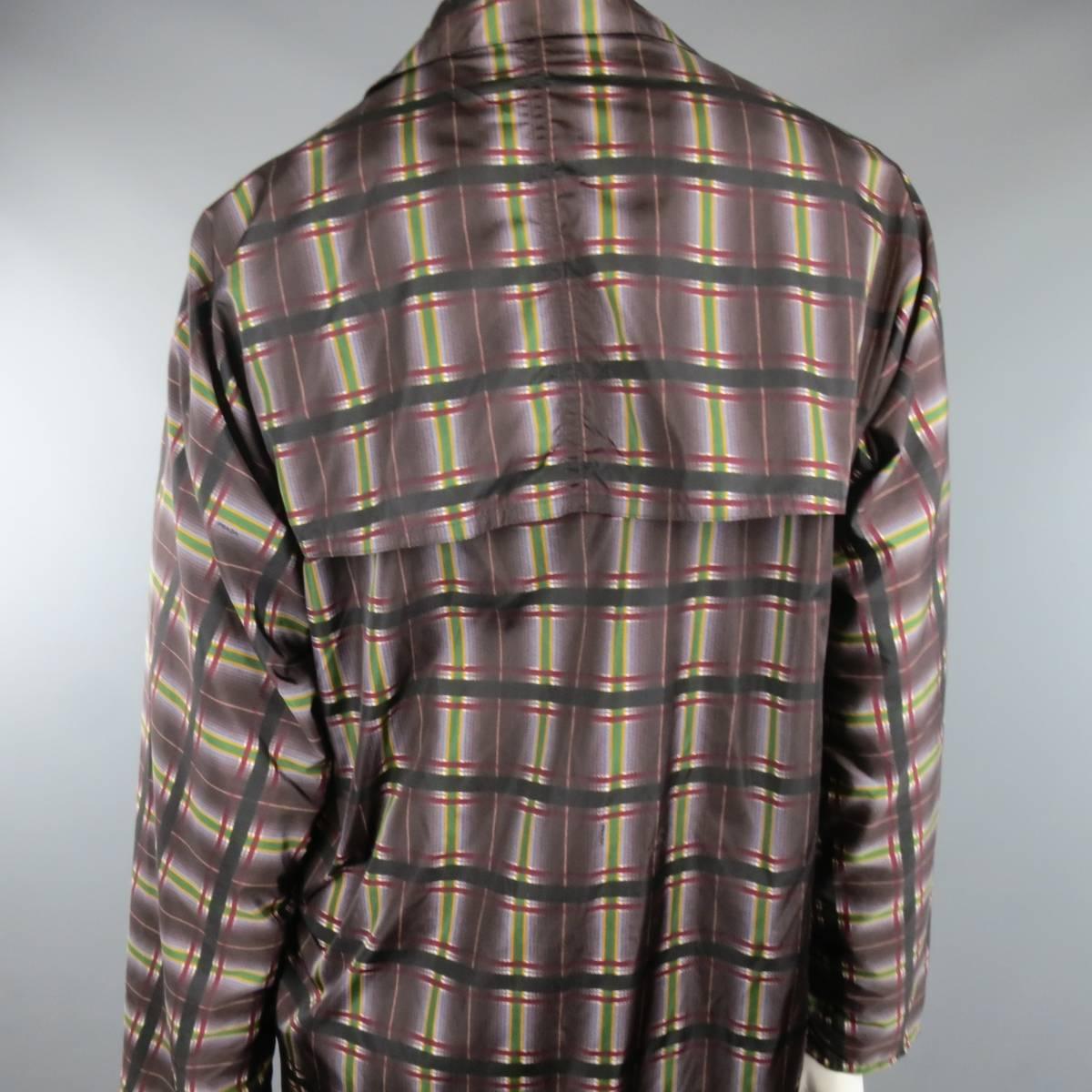 PRADA Size S Taupe Multi-Color Plaid Nylon Trench Coat 1