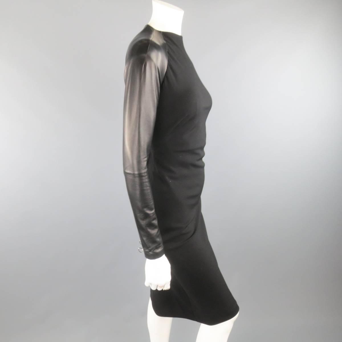 Ralph Lauren Black Wool Leather Sleeve Megan Gown / Dress, Collection 2012  In Excellent Condition In San Francisco, CA