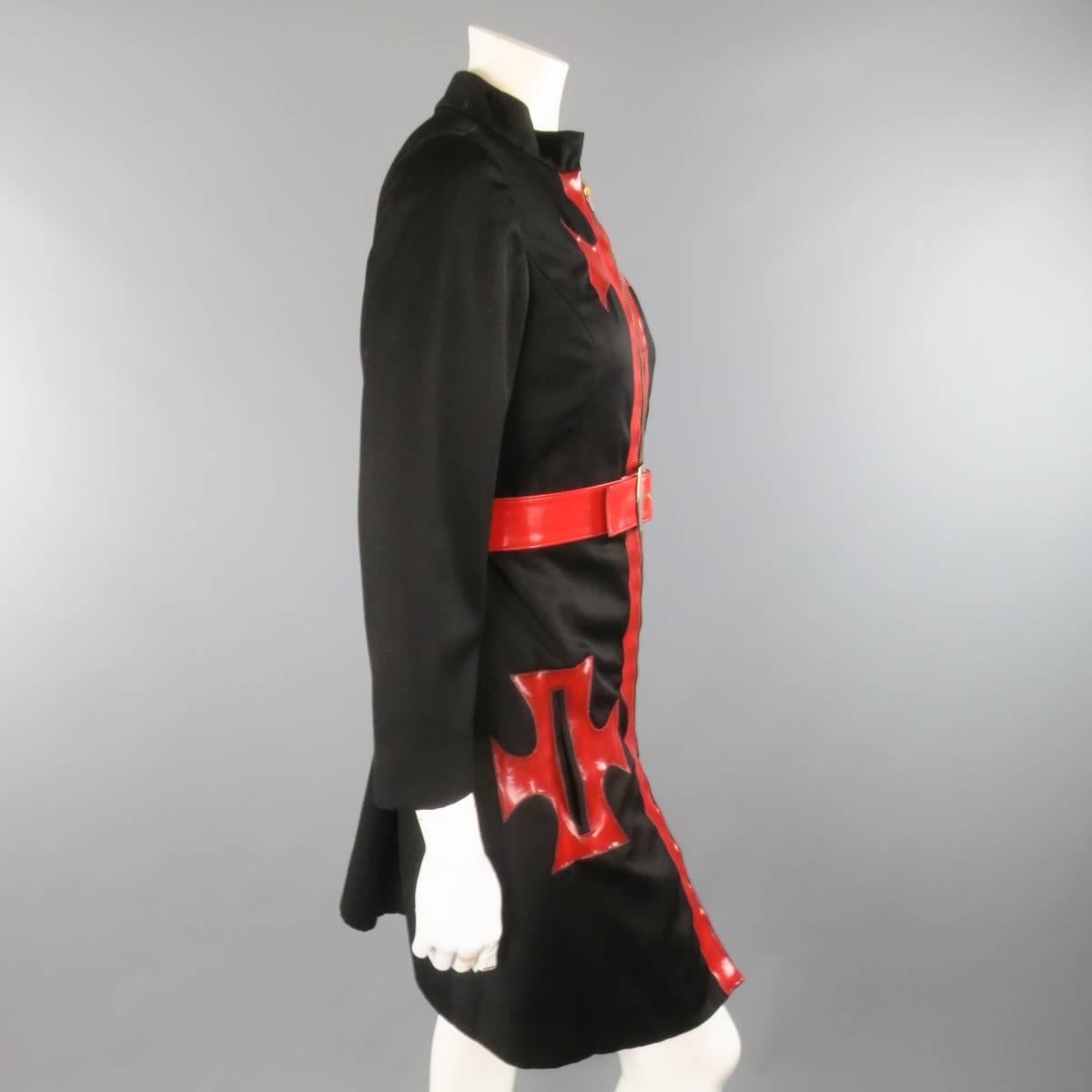 Vintage 1970s OSCAR DE LA RENTA Size S Black Red Patent Leather Trim Coat 5